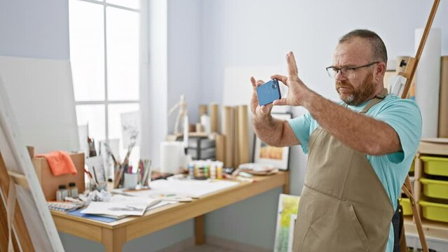Handsome bearded caucasian man artist snapping smartphone photo to draw painting at artsy indoor studio