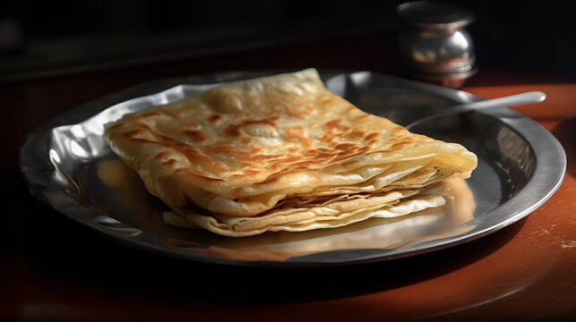 A close up photography of a south east food call roti canai on the stainless steel plate on wooden table on black background