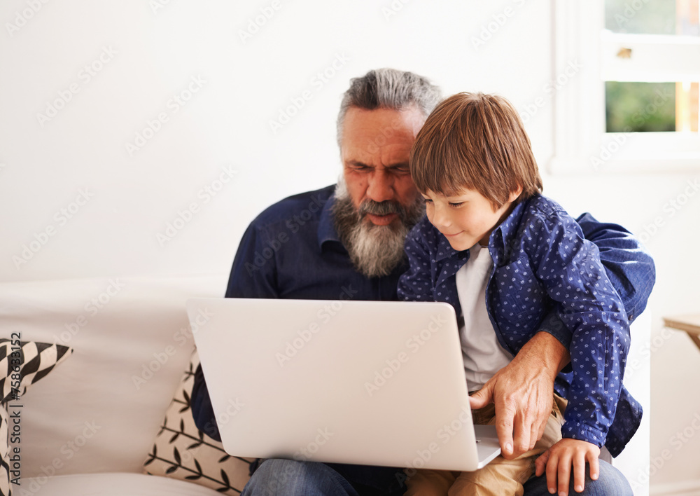 Poster Grandfather, laptop and boy child for games, elearning and bonding in living room. Kids, family and internet for play or learning online, childhood development and streaming on technology for learn