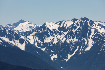 Fototapeta na wymiar Olympic Mountain range as seen from Hurricane Ridge in Olympic National Park, Washington, with its snow covered glacial peaks