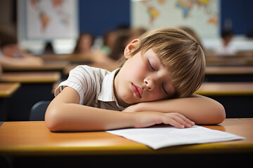 Tired girl child falling asleep at desk at school