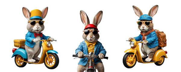 three easter rabbit riding bike and scooter wearing blue jacket,bow tie and sunglasses with blue,red and yellow cap look like delivery boy