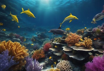 Dolphins Swims Through Vibrant Underwater Marine Life Amid Colorful Ocean Fishes. A Generative AI