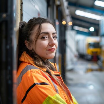 clean portrait photo taken with a sony a7III of a modern young female refrigeration engineers in a modern, bright, positive and clean set up. He looks at the objective, he is happy, smiling 