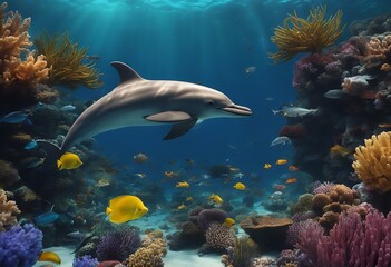 Dolphins Swims Through Vibrant Underwater Marine Life Amid Colorful Ocean Fishes. A Generative AI