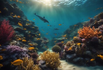 Naklejka premium Dolphins Swims Through Vibrant Underwater Marine Life Amid Colorful Ocean Fishes. A Generative AI