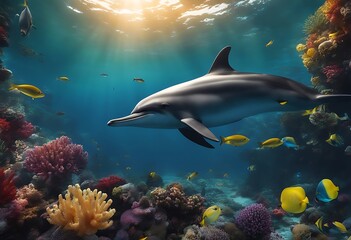 Fototapeta premium Dolphins Swims Through Vibrant Underwater Marine Life Amid Colorful Ocean Fishes. A Generative AI