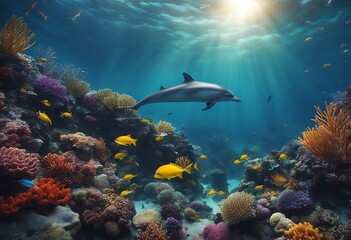 Naklejka na ściany i meble Dolphins Swims Through Vibrant Underwater Marine Life Amid Colorful Ocean Fishes. A Generative AI