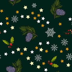 Obraz premium Christmas seamless pattern with holly, pine and stars. Vector illustration,