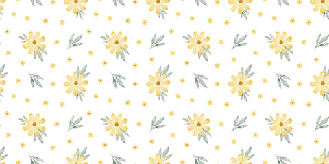Yellow wildflowers and leaves. Watercolor hand drawn seamless pattern of Simple flowers. Cute print for fabric, scrapbooking, wrapping paper, design of card