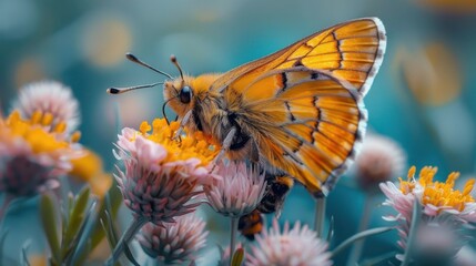 Fototapeta na wymiar Ochlodes, a butterfly, is a pollinator sitting on a flower in a field