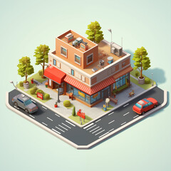 Isometric of grocery supermarket building.