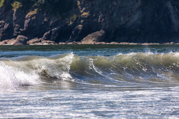 Beautiful waves in the Pacific Ocean at Ruby Beach, Washington, captured in hot summer day