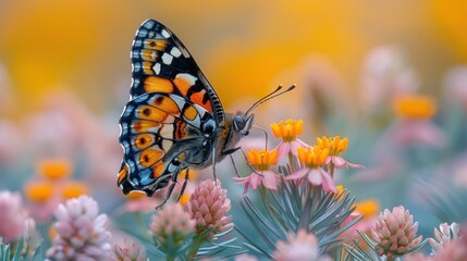 Fototapeta premium Butterfly rests on a pink flower as a pollinator in the natural landscape