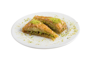 Turkish coffee and Traditional Turkish dessert baklava in plate on white background