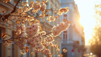 Cherry blossom tree in front of building, sun shining through branches
