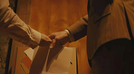 Two people in a dimly lit room exchange a document from a cardboard box hinting at a secretive or important transaction