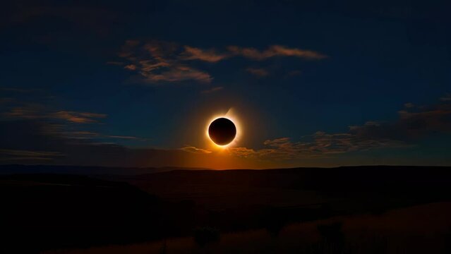 Total Solar Eclipse Sun Light Glowing in dark sky, black background. Mysterious natural phenomenon. Moon passes between planet Earth and Sun. Beautiful landscape with solar eclipse.