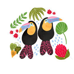 Tropical toucan birds, summer palm leaves, exotic flowers. Cute hand drawn tropic decorative element isolated on white. Couple toucans, romantic birds for card, poster, greeting design. - 758635569