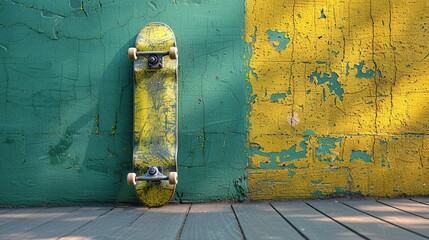 A long skateboard stands near a bright green wall in a park with no people.