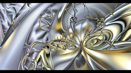Abstract digital art with swirling silver and gold metallic shapes creating a fluid reflective and intricate visual texture