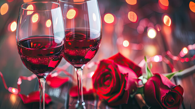 Two glasses of red wine with roses and romantic bokeh lighting likely set for a celebratory or intimate occasion