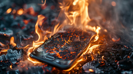 A dramatic image capturing the moment a smartphone is consumed by fire, set amidst glowing embers and rising smoke. - obrazy, fototapety, plakaty