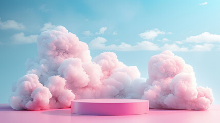 A dreamlike scene with fluffy pink clouds gathered around a minimalist pink podium under a soft blue sky, creating a fantasy atmosphere. - obrazy, fototapety, plakaty
