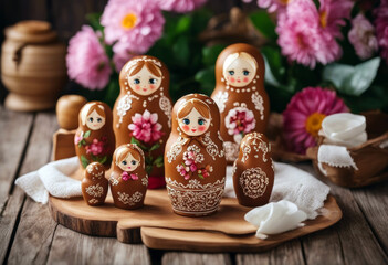 dolls flowers traditional text table matryoshka Edible place gingerbread nesting homemade Russian wooden Easter Russia Flower Woman Art Wood Spring Gift White Cake Face Bread Red Candy Holiday