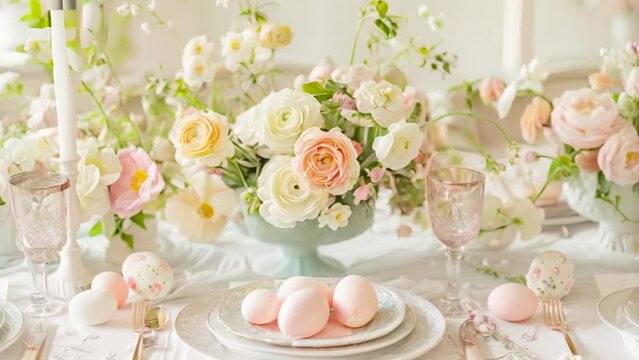 Easter tablescape decoration, floral holiday table decor for family celebration, spring flowers, Easter eggs, Easter bunny and vintage dinnerware, English country and home styling