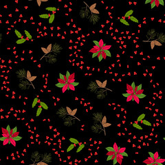 Christmas seamless pattern with holly, pine and poinsettia