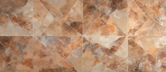A close up of a tile with a geometric pattern on it featuring shades of Brown, Beige, Peach. The Art on the Wood flooring resembles Bedrock or Rock painting