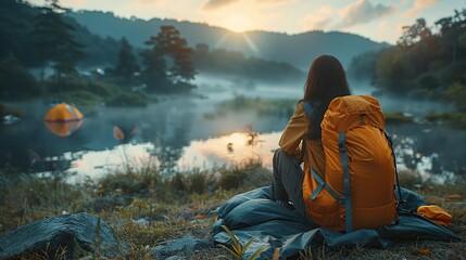 Asian woman traveling and camping alone at nature park and travel Outdoor Activities Lifestyle Good morning and a refreshing start to your day. - obrazy, fototapety, plakaty