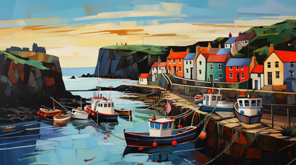 An acrylic style painting of an English coastal scene