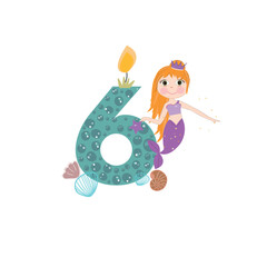 Cute little mermaid six birthday card one candle and marine life