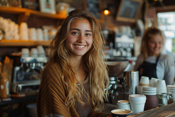 Friendly baristas in a cozy coffee shop. Casual lifestyle portrait series. Coffee culture and small business concept. Design for poster, banner, advertisement and editorial use.