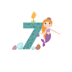 Cute little mermaid seven birthday card one candle and marine life