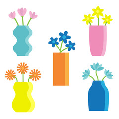 Flower in vase set. Different flowers. Daisy, tulip, gerbera, narcissus. Glass vases. Cute colorful icon collection. Ceramic Pottery Glass decoration. White background. Flat design. - 758636991