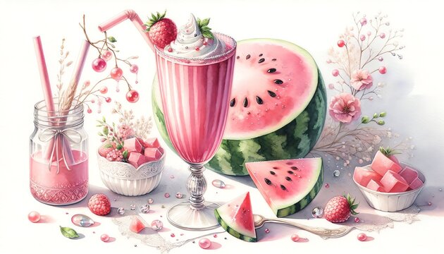 Watercolor painting of a Watermelon Smoothie