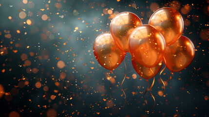 A cluster of shiny golden balloons floating against a dark, bokeh-lit background, conveying a festive or celebratory mood. - obrazy, fototapety, plakaty