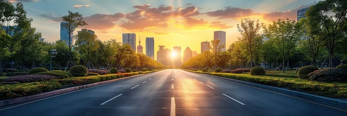 Fotobehang Asphalt highway road and modern city buildings at sunset in Shanghai © Morng