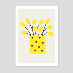 Abstract yellow black flower set in vase. Flowers, leaves, plants. Childish simple style. Hand drawn poster picture. Modern floral elements. Flat design. White background. - 758637572