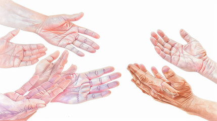 Multiple watercolor illustrated hands outstretched in various gestures against a white background