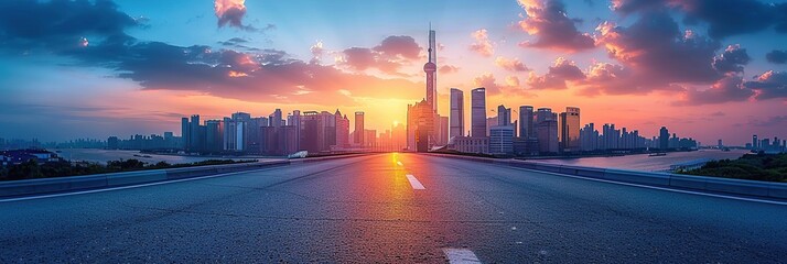 Asphalt highway road and modern city buildings at sunset in Shanghai - obrazy, fototapety, plakaty