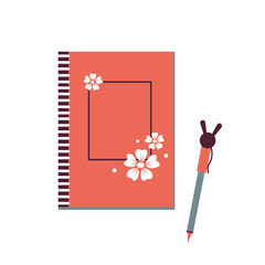Paper notepad with flowers and a pen isolated on a white background. Vector stationery. Office female staff.