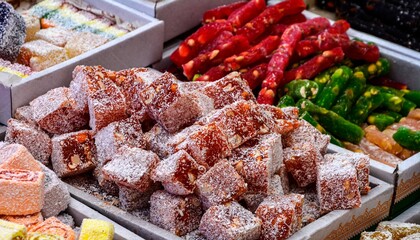 Closeup of delights sweets Rahat lakoum, lukum, lokum