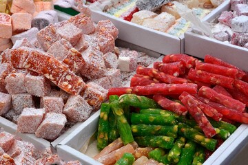 Closeup of delights sweets Rahat lakoum, lukum, lokum
