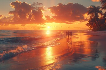 Sunset Serenity: A Couple's Tranquil Beach Walk at Dusk