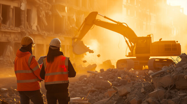 excavator loader machine at demolition construction site