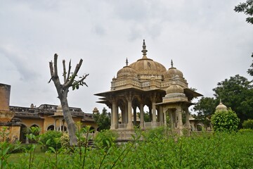 Fototapeta na wymiar Majestic Royal Cenotaphs Amidst Verdant Greenery Under Cloudy Skies at Maharani Ki Chhatri ,Jaipur, Rajasthan, India